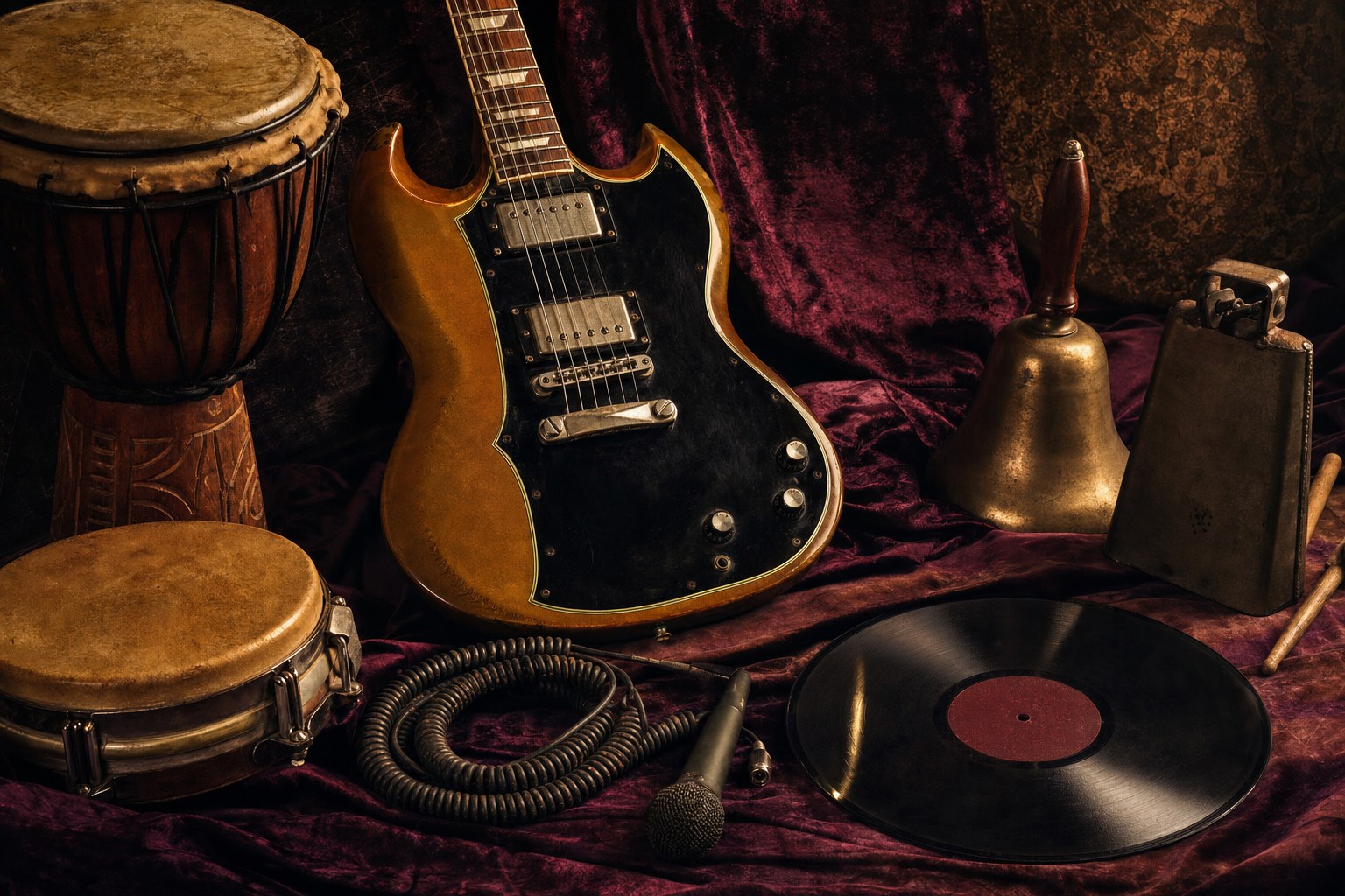 Electric guitar, hand drums, cowbell, microphone, and vinyl in a warm editorial still life