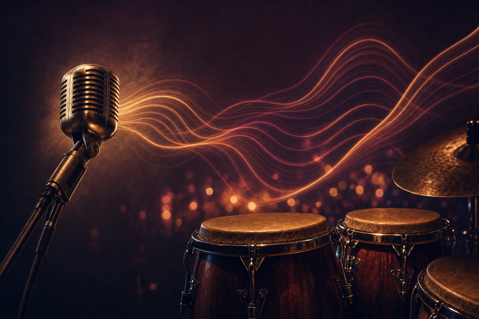 Vintage microphone, congas, and flowing warm light suggesting call-and-response