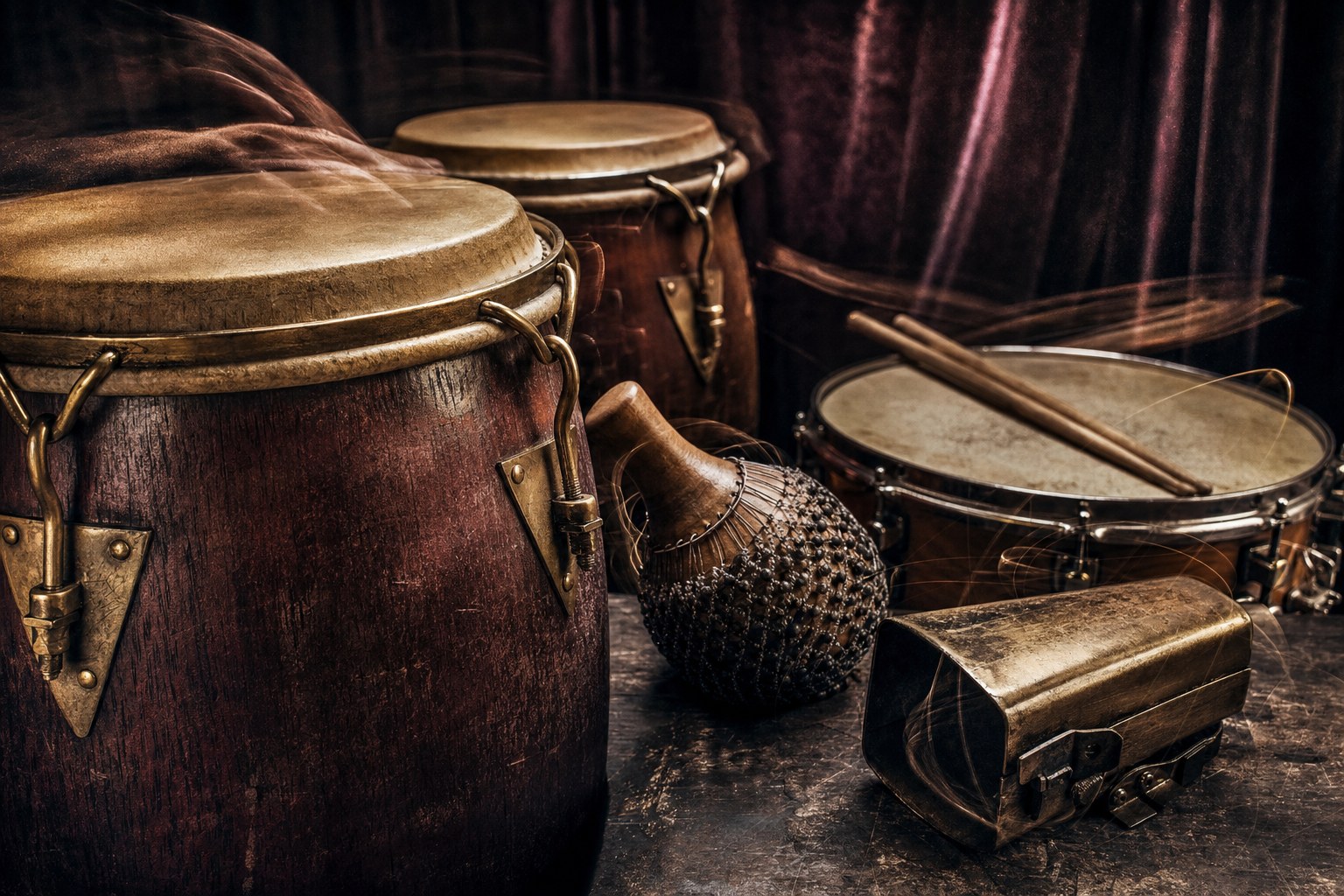 Close view of congas, shaker, cowbell, and snare drum with motion in warm studio light