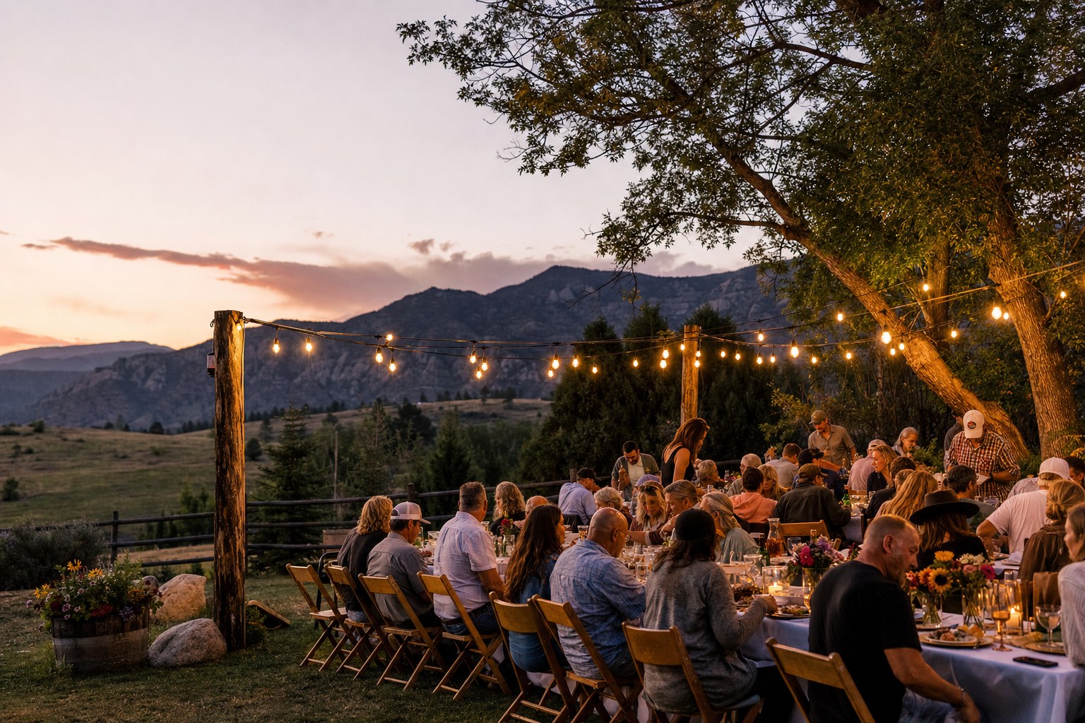Guests gathering around a long table at dusk