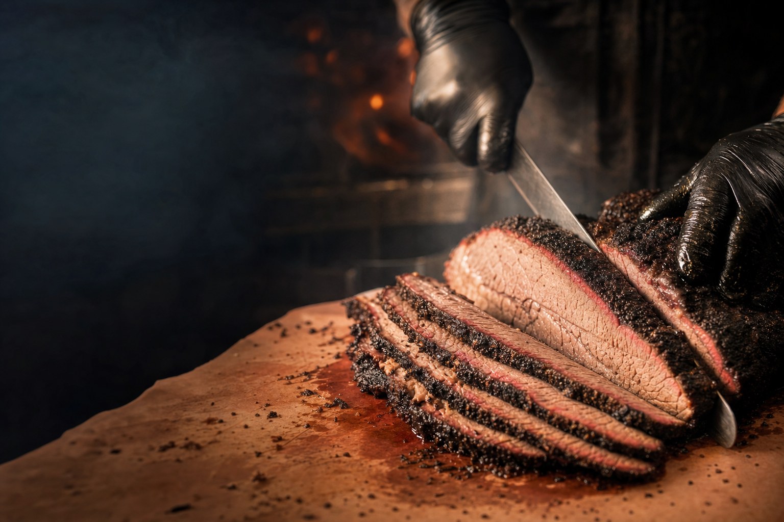 Smoked brisket sliced on butcher paper