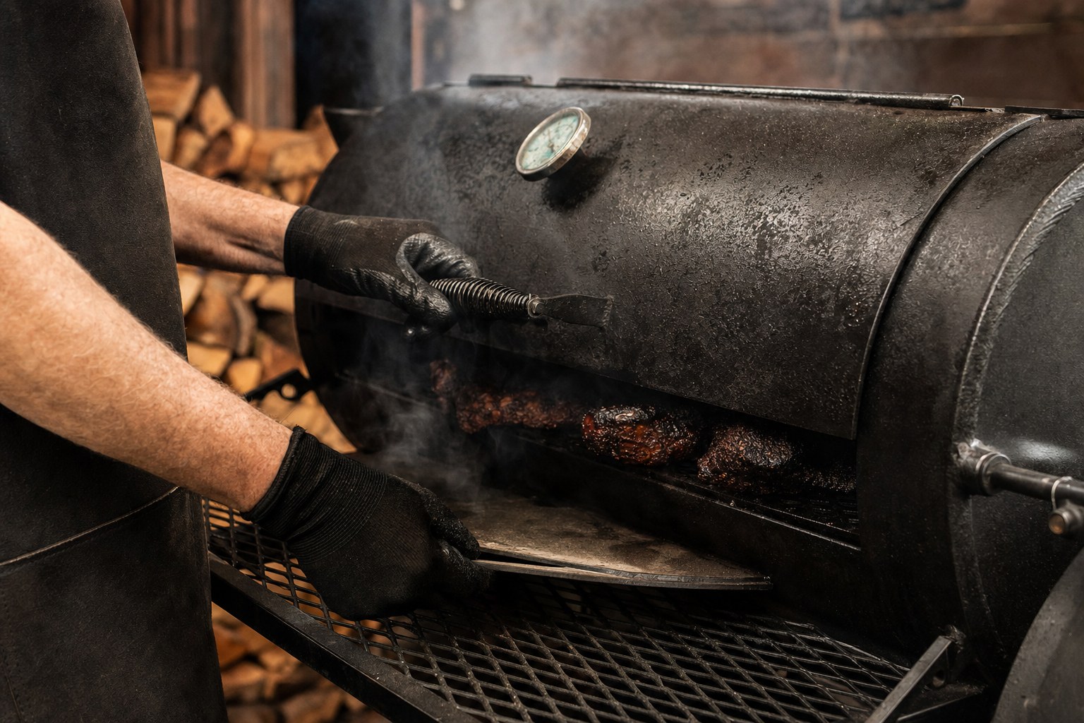 A pitmaster tending a barbecue smoker