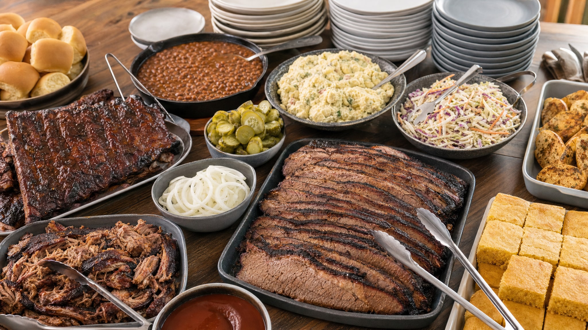A full barbecue catering spread with brisket, ribs, pulled pork, sides, and cornbread