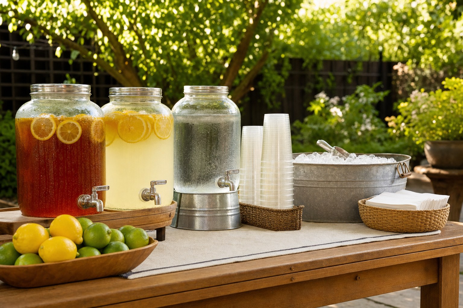 A separate barbecue drink station with tea, lemonade, water, cups, ice, and napkins
