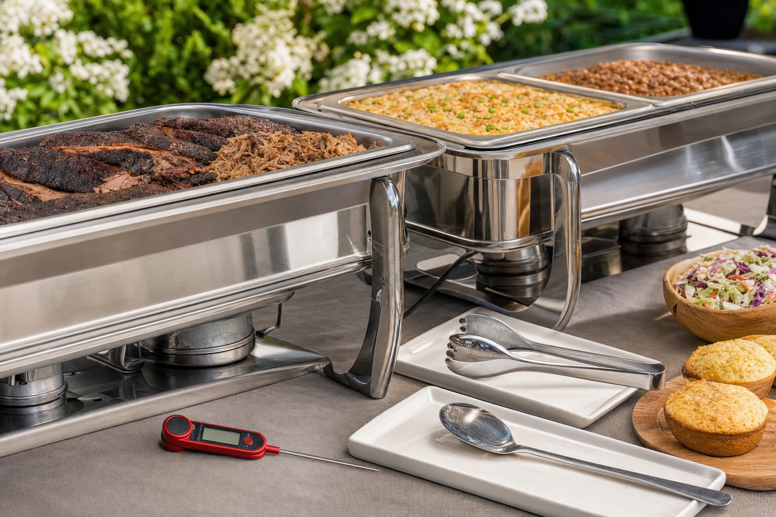 Barbecue buffet chafing dishes with smoked meat, sides, clean utensils, and a food thermometer