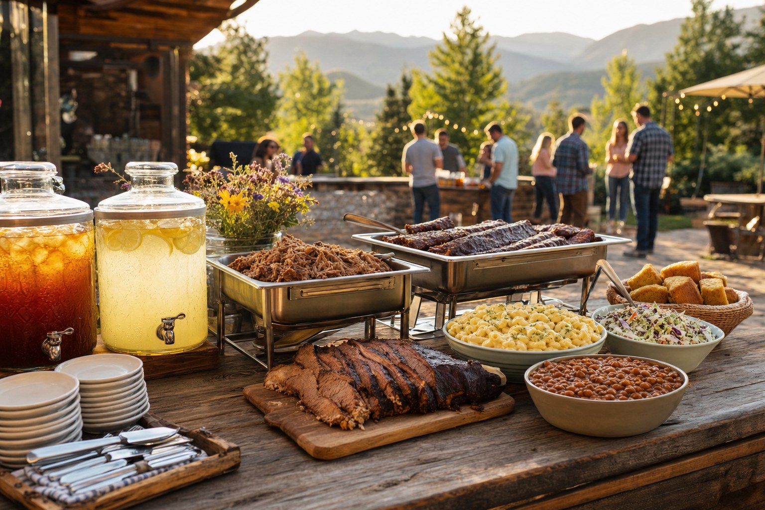 A barbecue buffet with smoked meats, sides, drinks, and guests gathering in the background