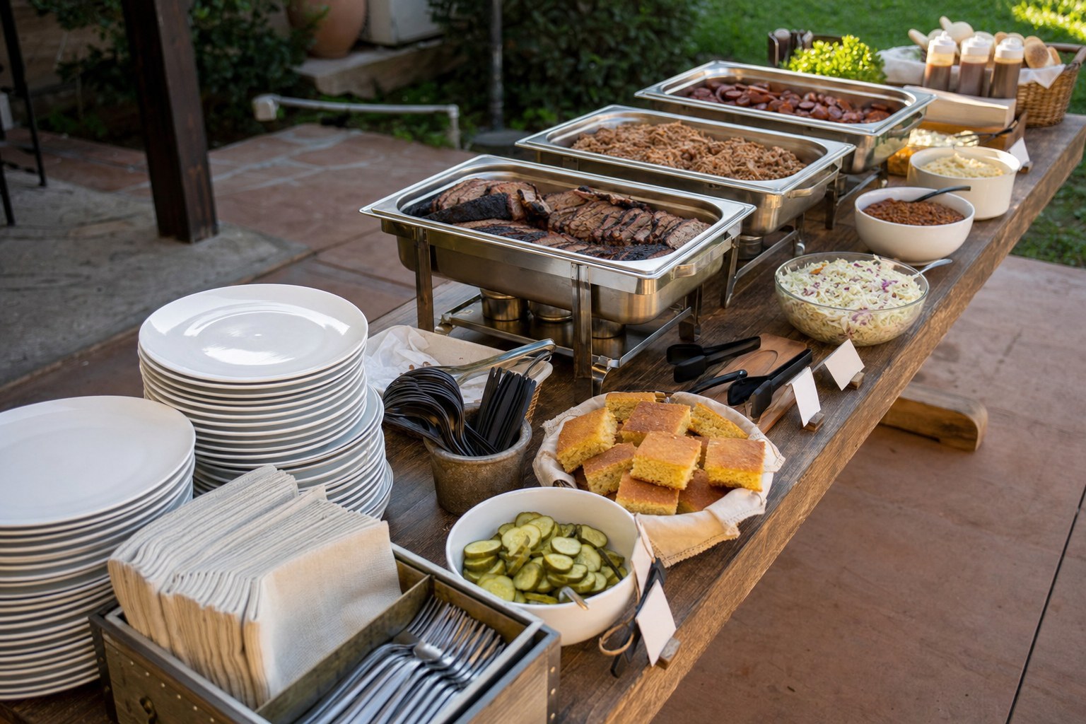 An organized barbecue buffet line with plates, smoked meats, sides, cornbread, and serving utensils