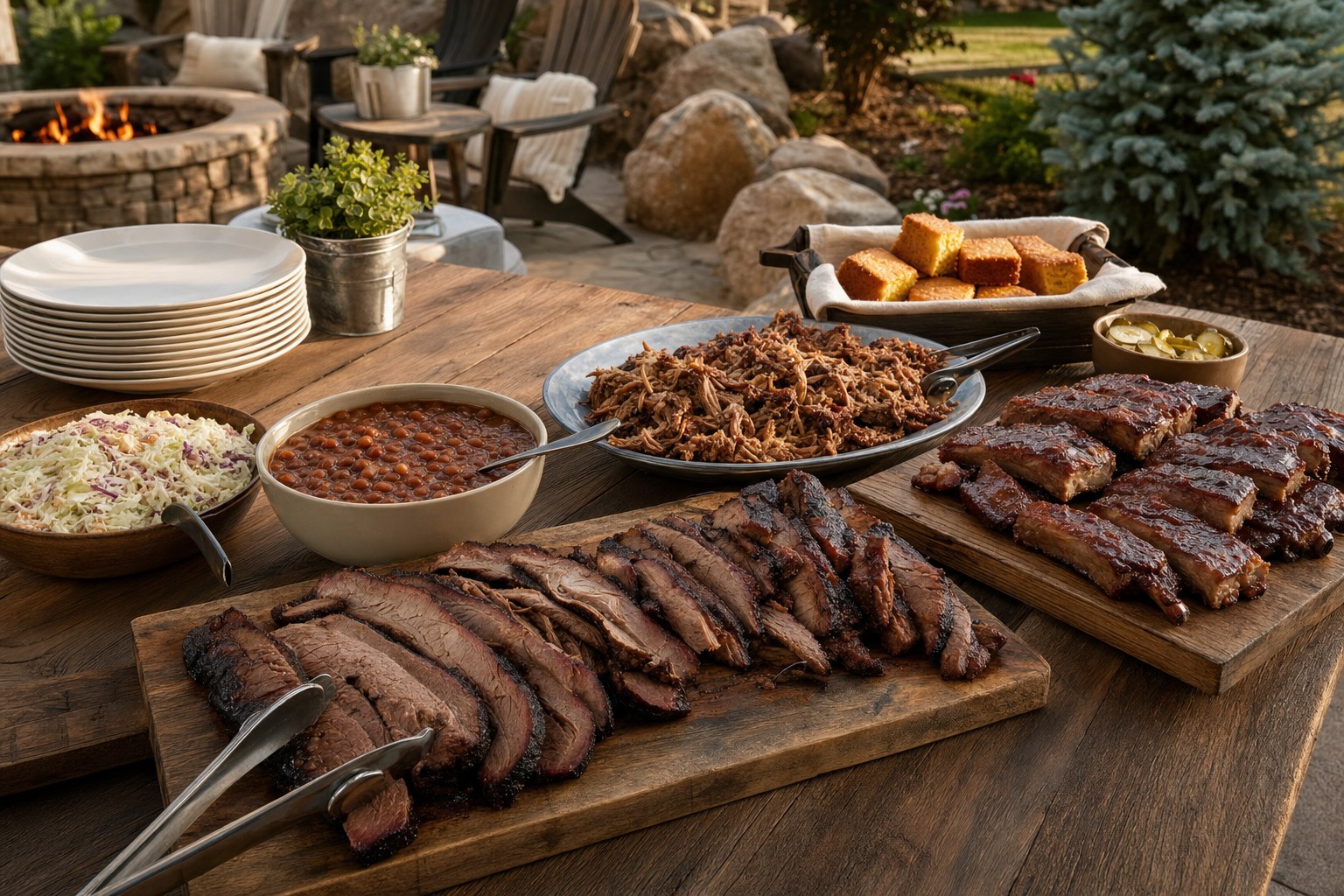 A complete barbecue spread set out for an outdoor gathering