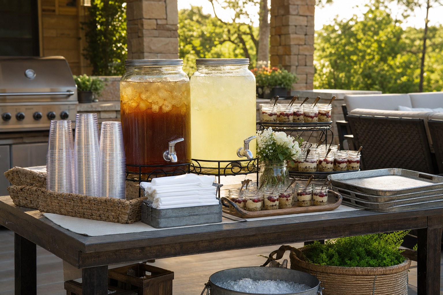Iced tea, lemonade, and individual desserts set out for an outdoor barbecue gathering