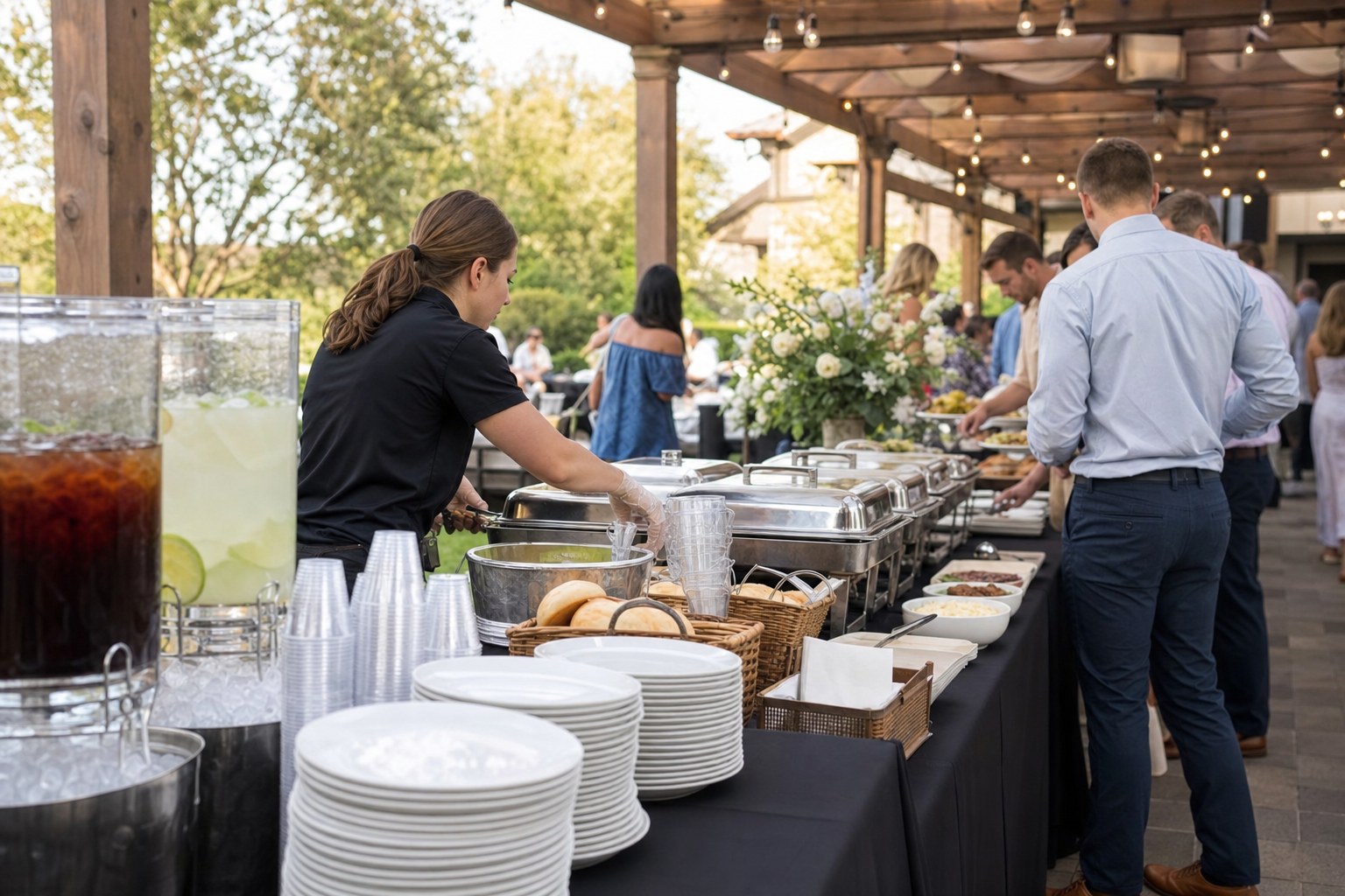 A barbecue buffet arranged with serving dishes, drinks, plates, and utensils