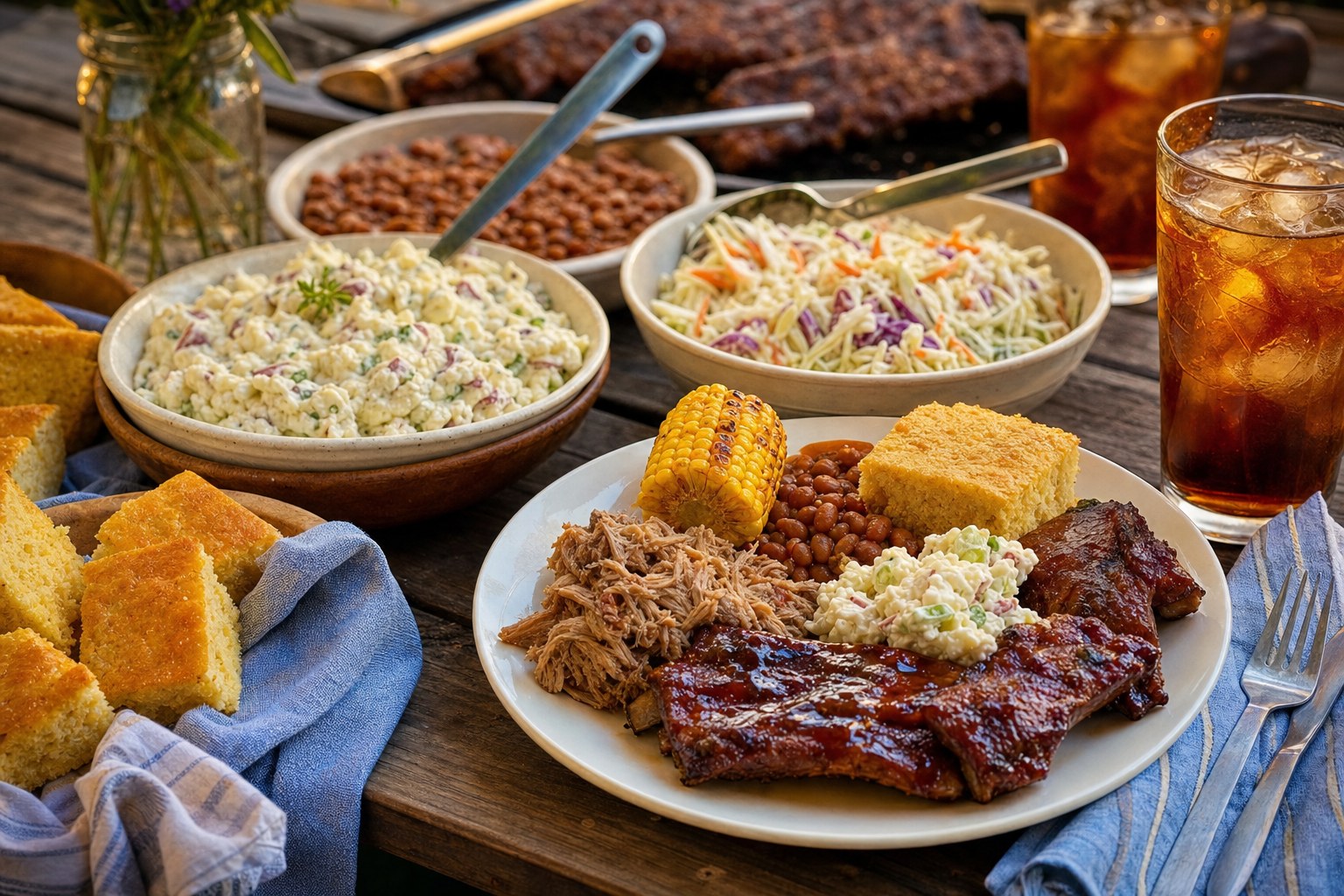 A barbecue plate with ribs, pulled pork, cornbread, and homemade sides