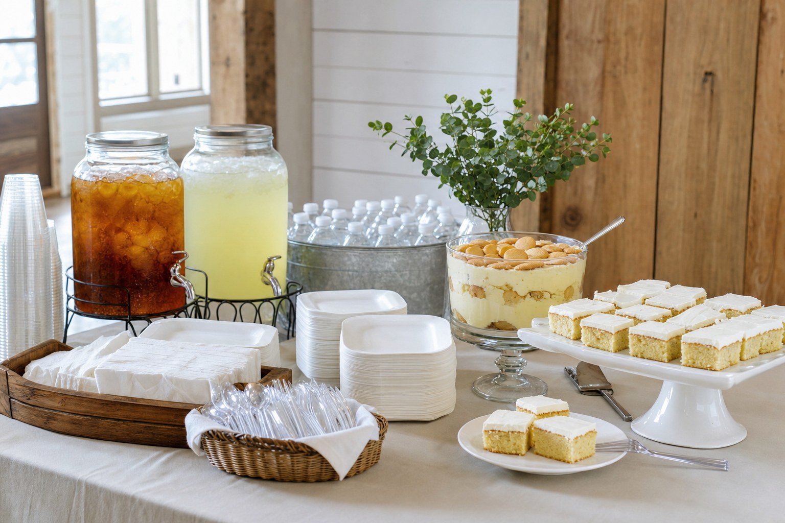 Iced tea, lemonade, banana pudding, and cake arranged at a catered dessert station