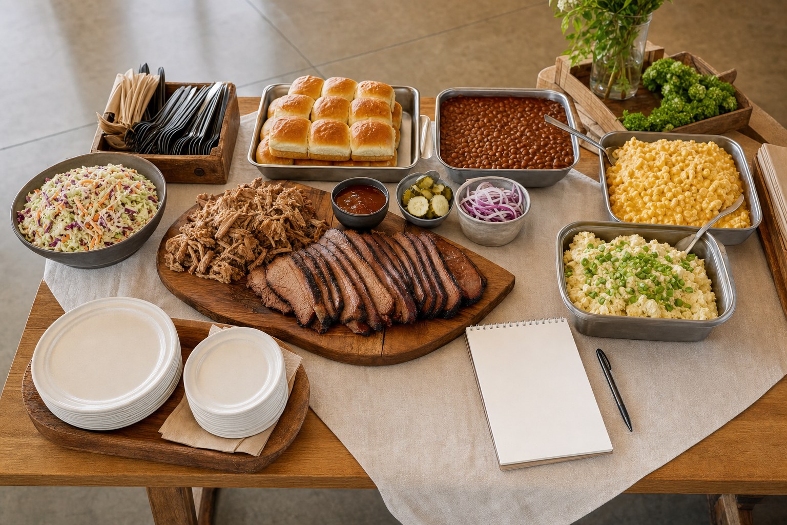 A barbecue catering spread arranged beside an event-planning notebook
