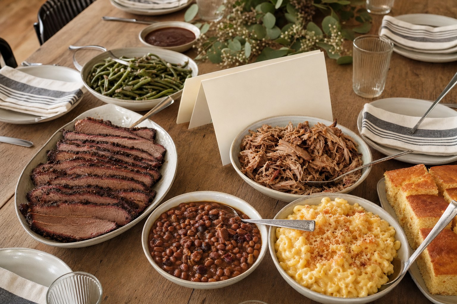 Smoked brisket, pulled pork, homemade sides, and cornbread arranged for a shared meal