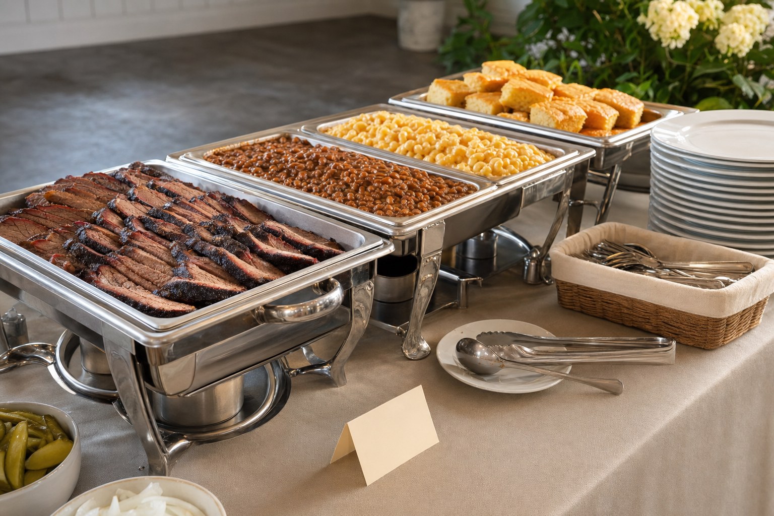 A barbecue buffet set with chafing dishes, plates, serving utensils, and homemade sides