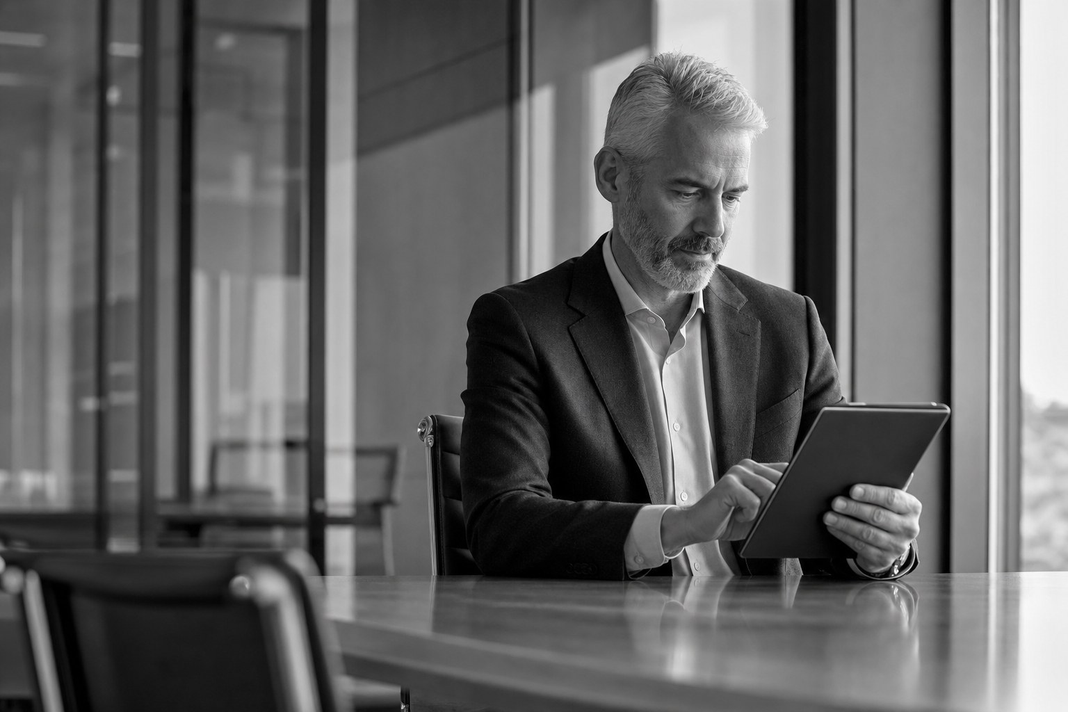 Senior executive working on a tablet in a quiet boardroom