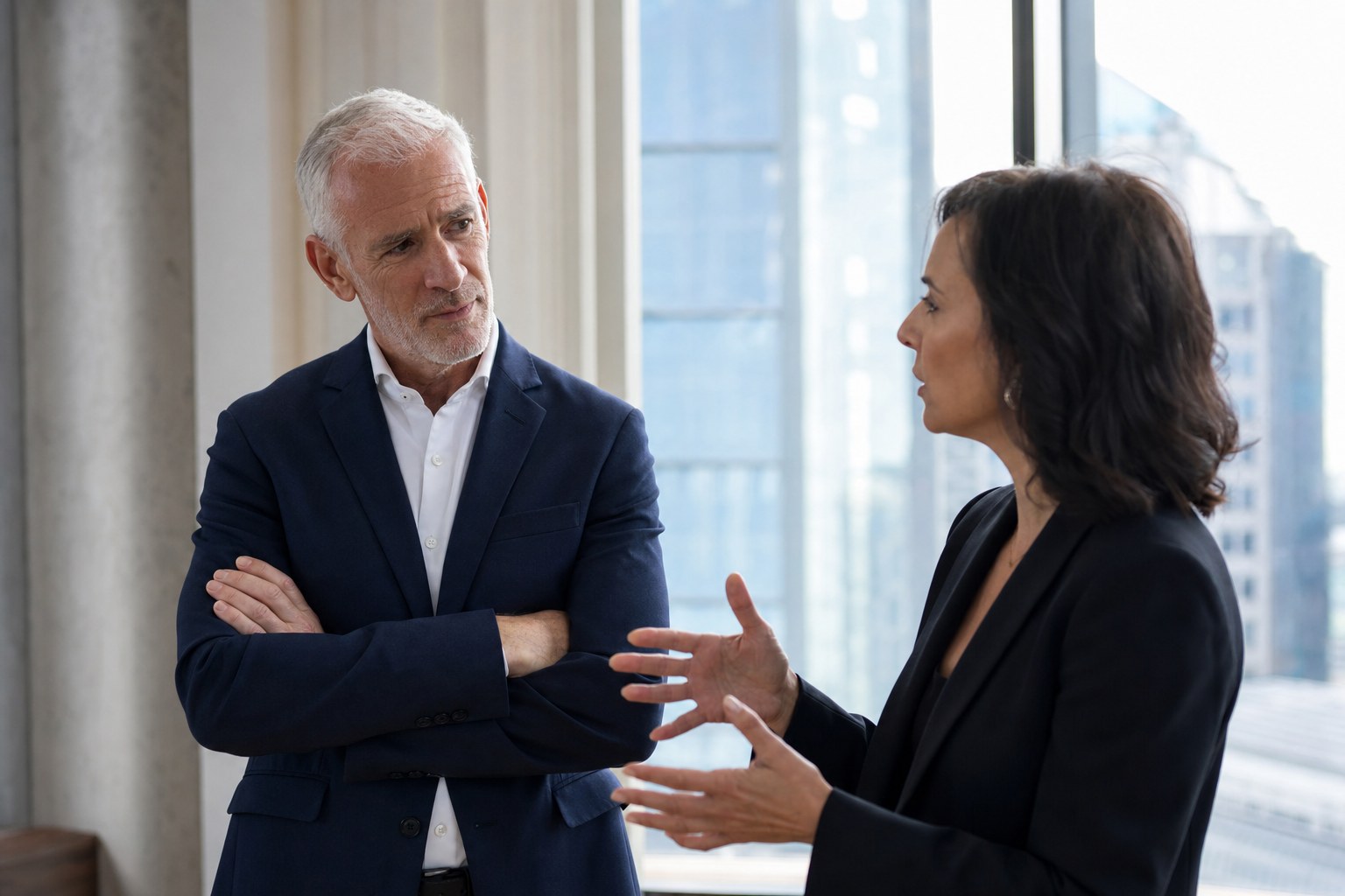 Two business leaders challenging an idea in a direct conversation