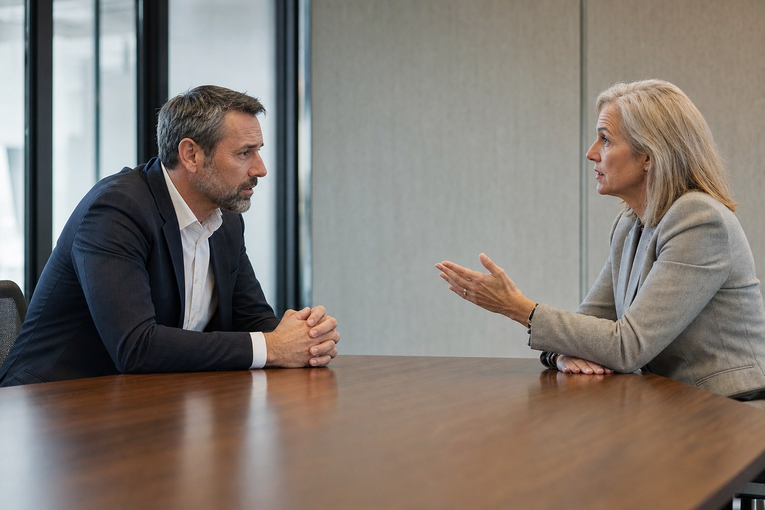 Two senior leaders having a direct conversation about responsibility