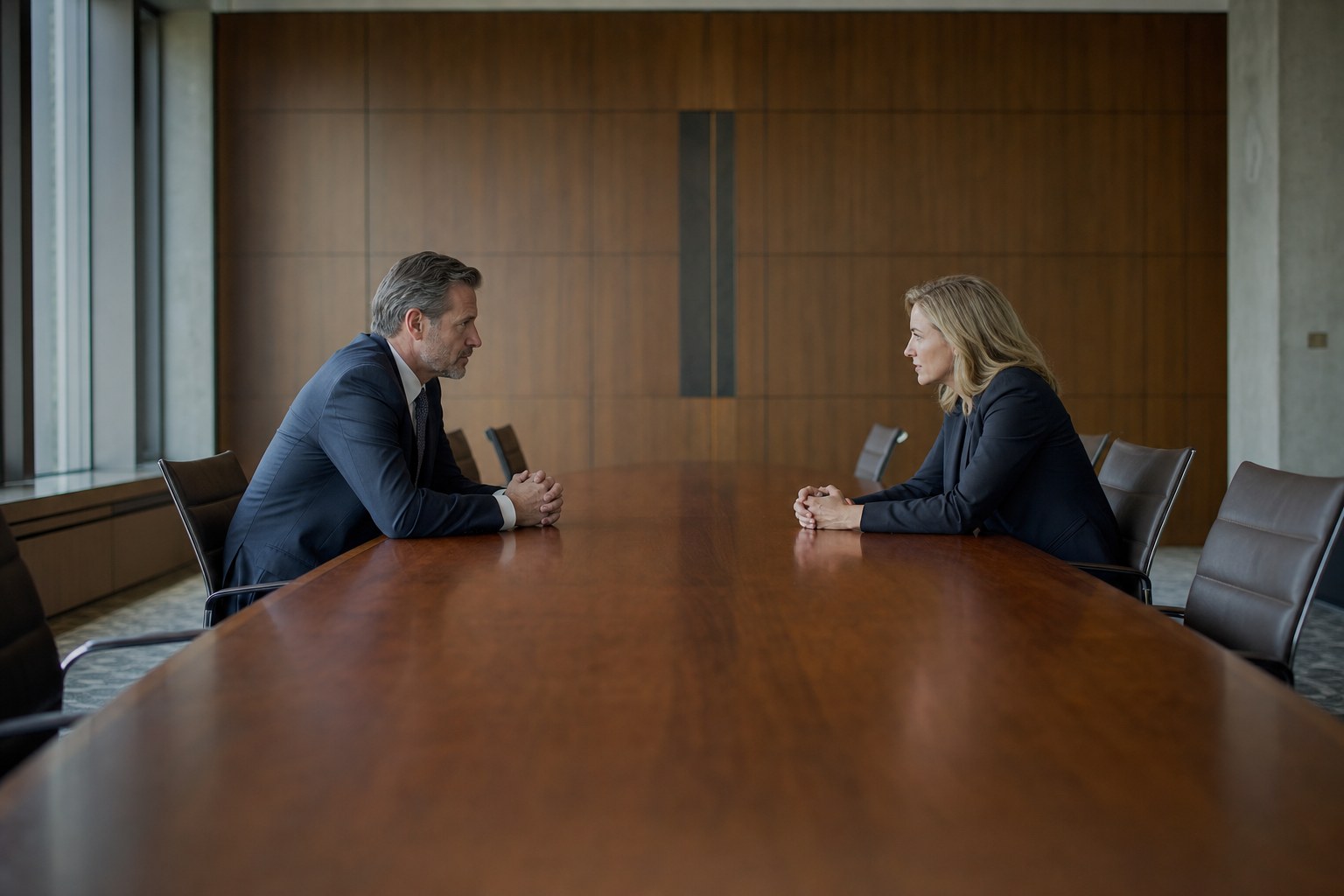 Two business leaders having an accountable debrief after a decision
