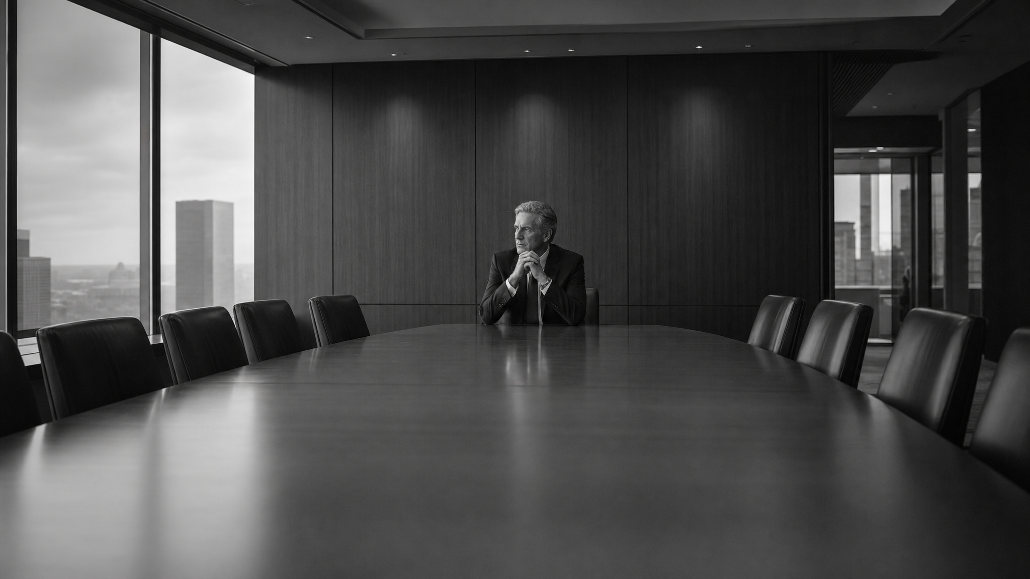 Executive considering a difficult decision at the end of a clear boardroom table