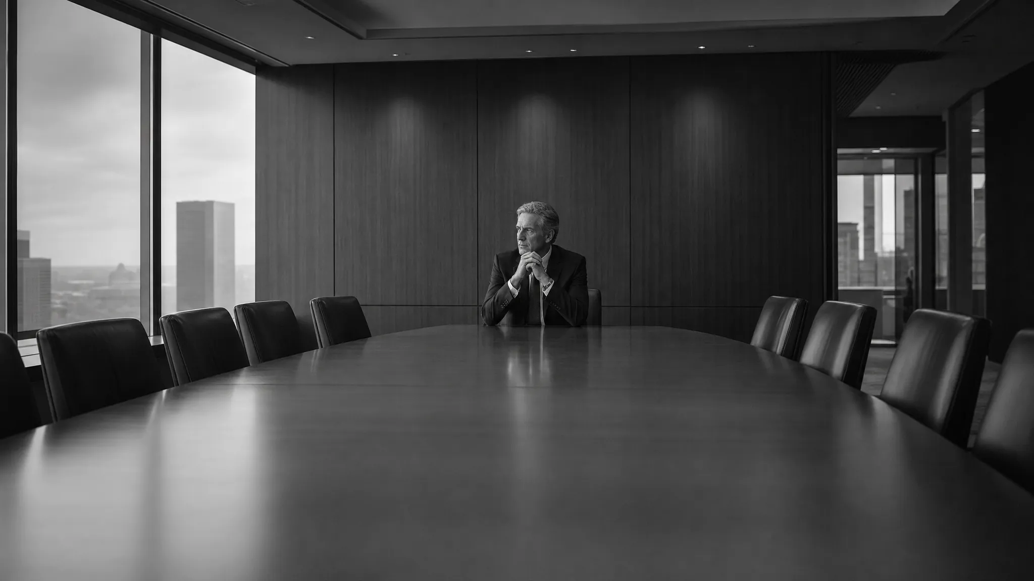 Executive considering a difficult decision at the end of a clear boardroom table