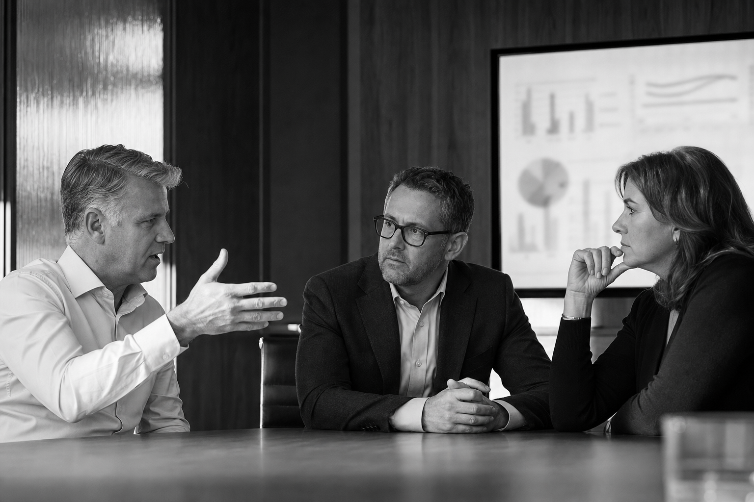Three executives testing evidence and assumptions in a focused discussion