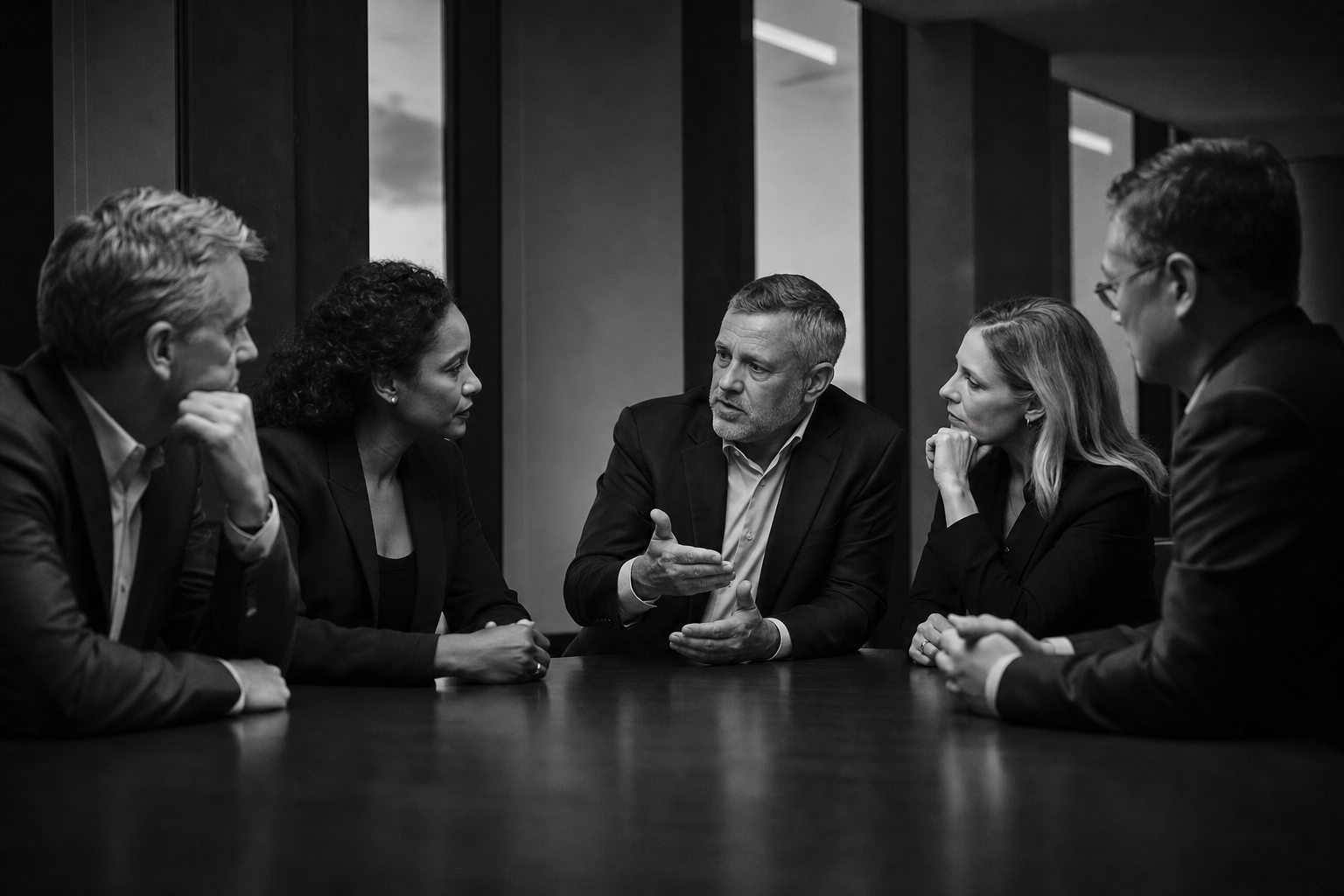 Leadership team challenging a difficult decision during a candid conversation