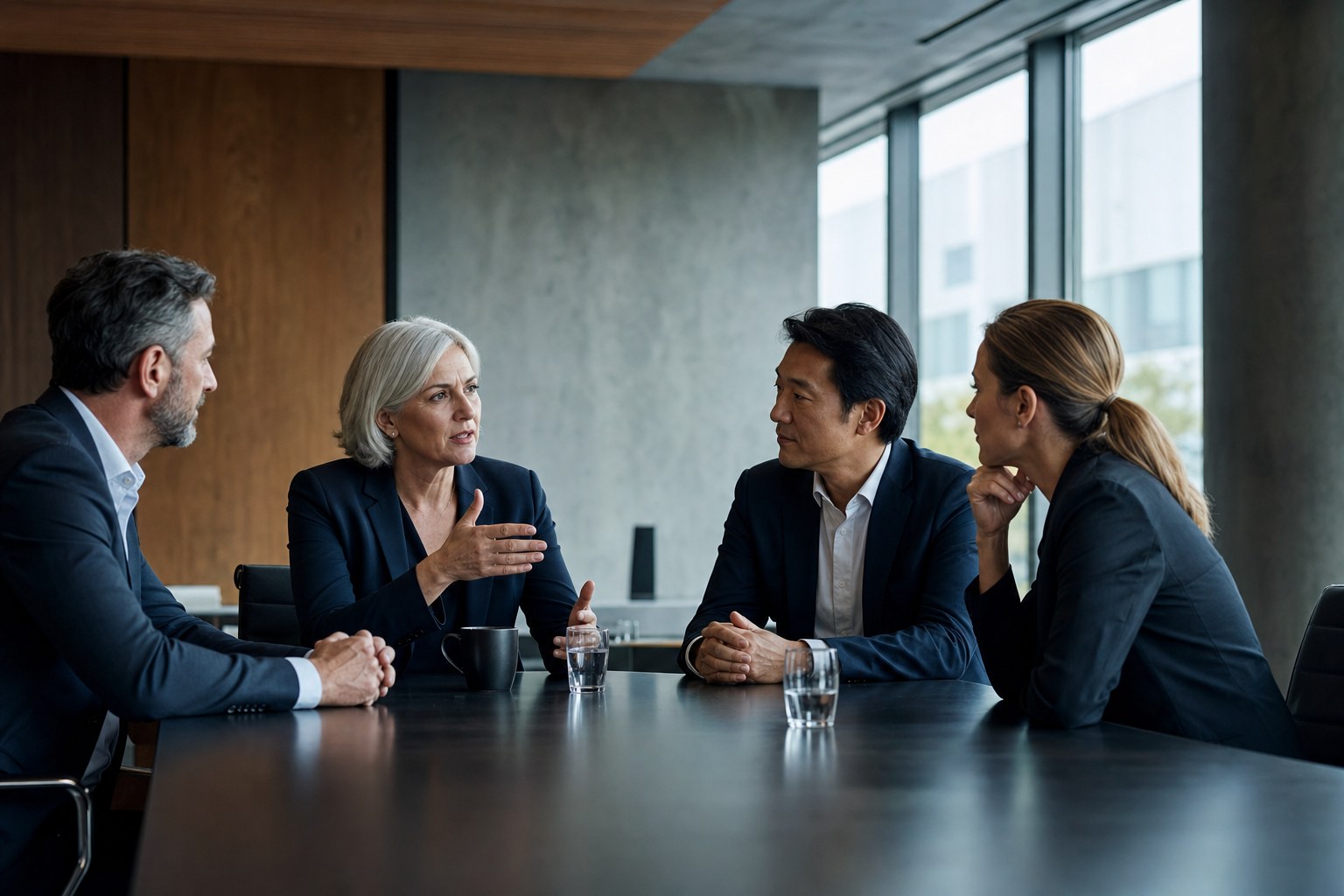 Senior executives in a candid leadership decision meeting