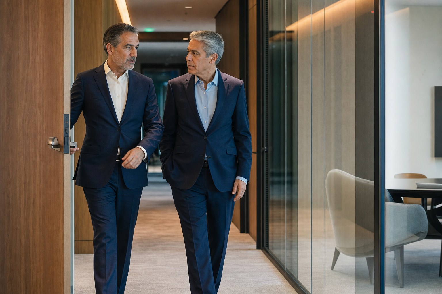 Two senior leaders carrying a decision into the next conversation