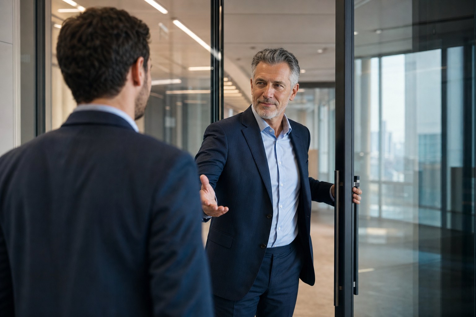Senior executive taking a colleague forward after a difficult decision