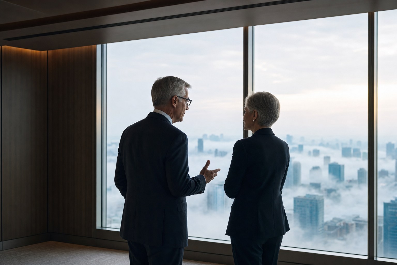 Two senior leaders looking out over a misty city before a difficult decision