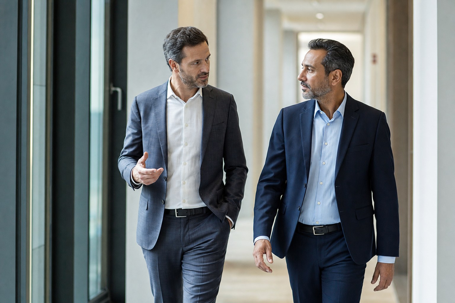 Two leaders exploring an uncertain decision in a quiet office conversation