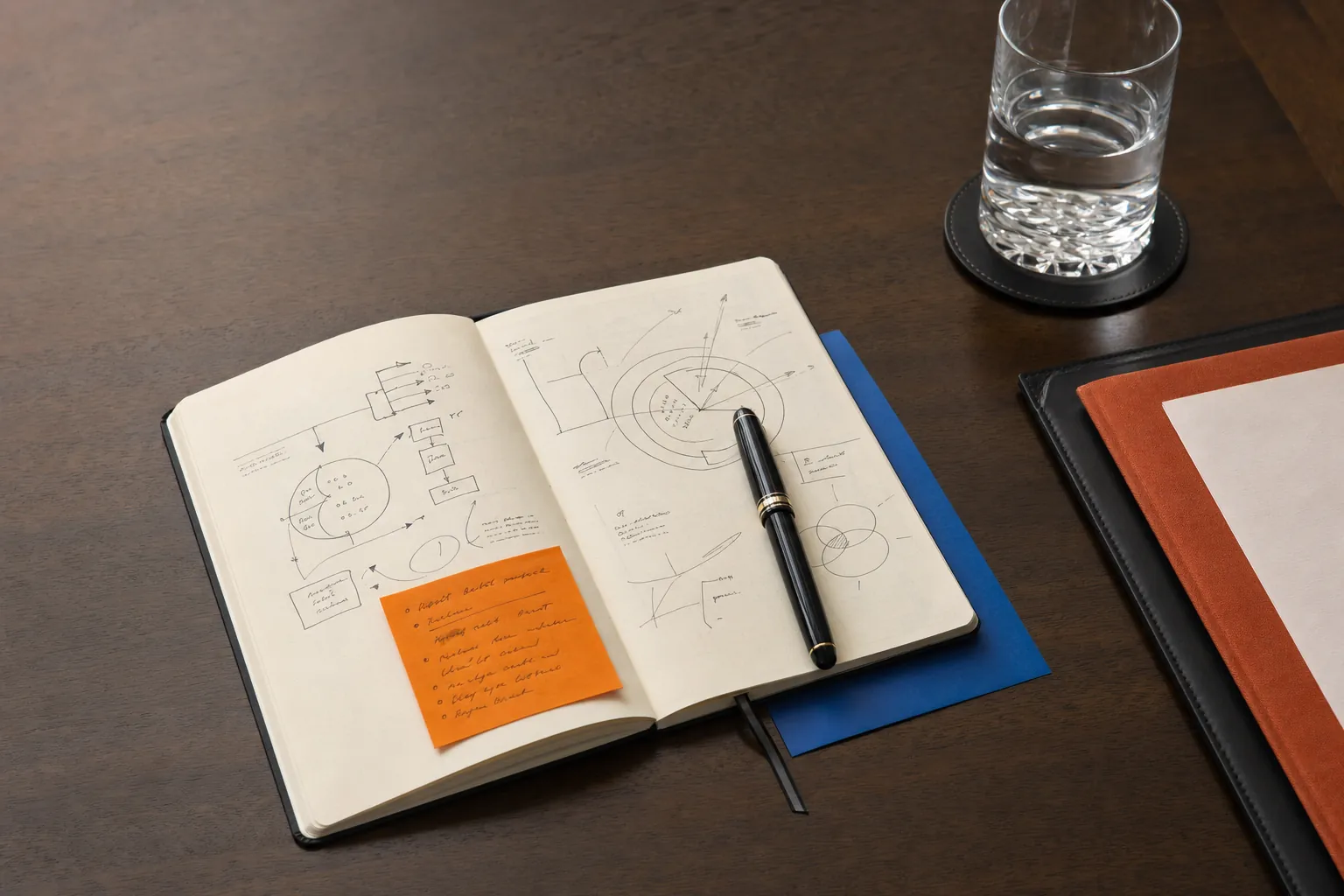 Open notebook with hand-drawn decision diagrams on a walnut table