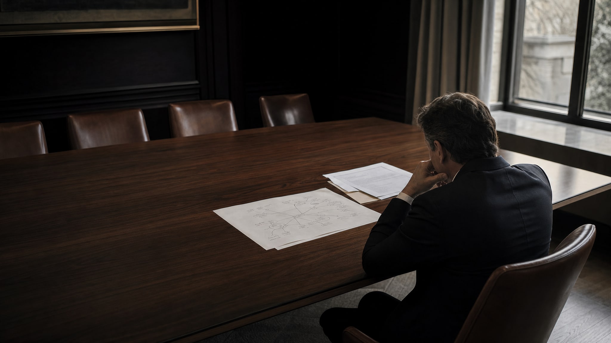 Business leader reviewing a strategic decision map in a quiet boardroom