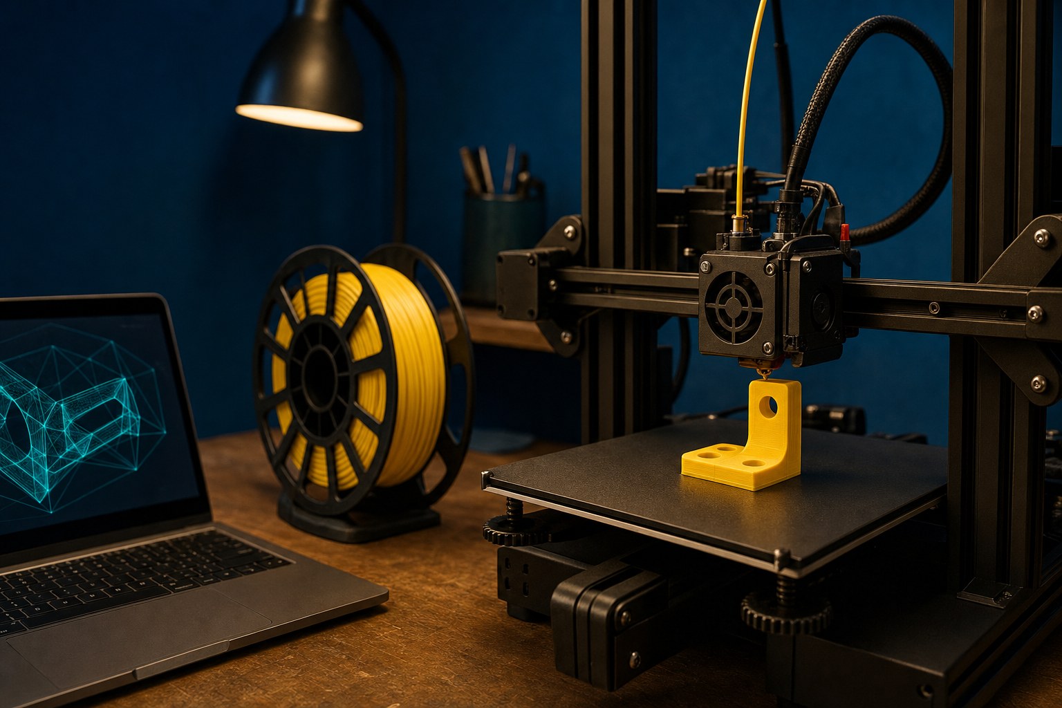 A 3-D printer making a small yellow functional part