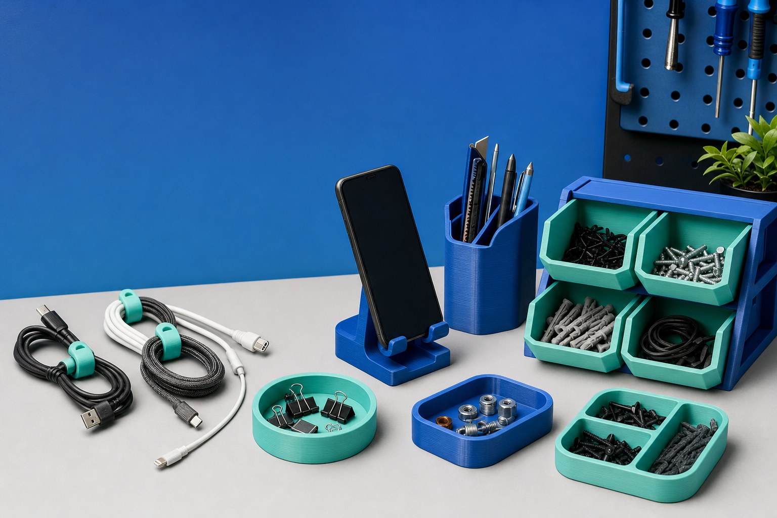 3-D printed organizers, cable clips, and desk tools
