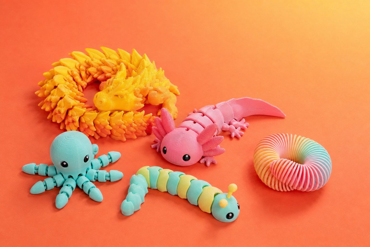 Colorful 3-D printed fidget toys and articulated creatures