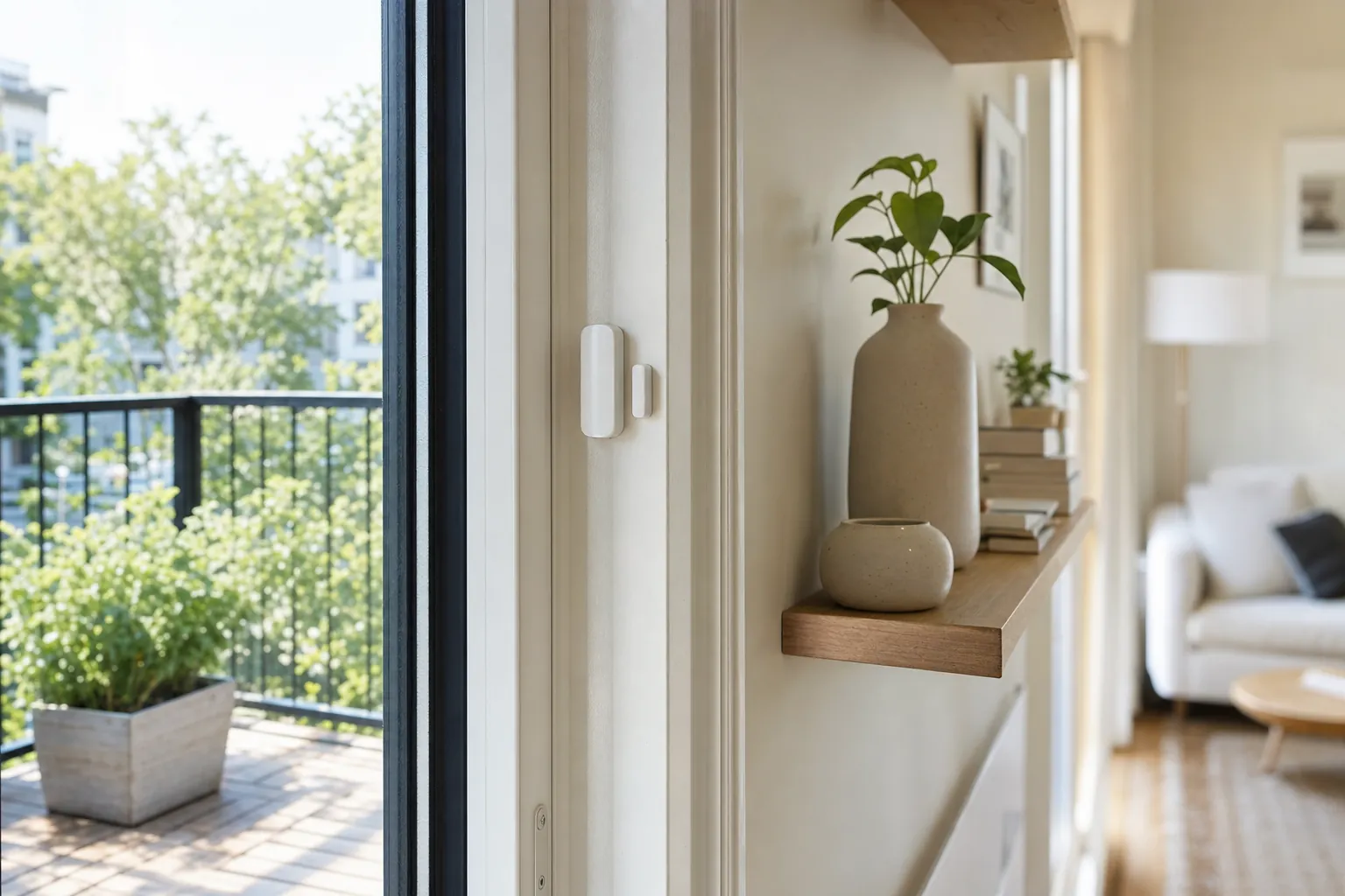 A contact sensor installed on an apartment patio door frame