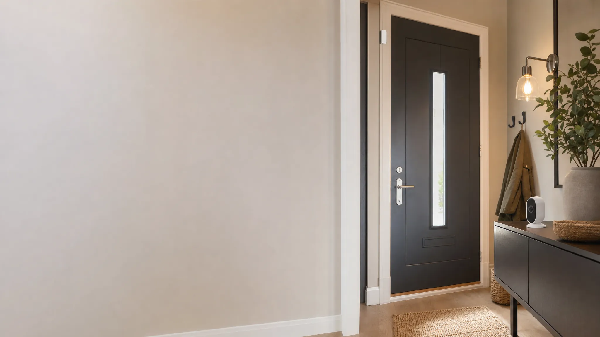 An apartment entry with a door sensor and a small indoor security camera