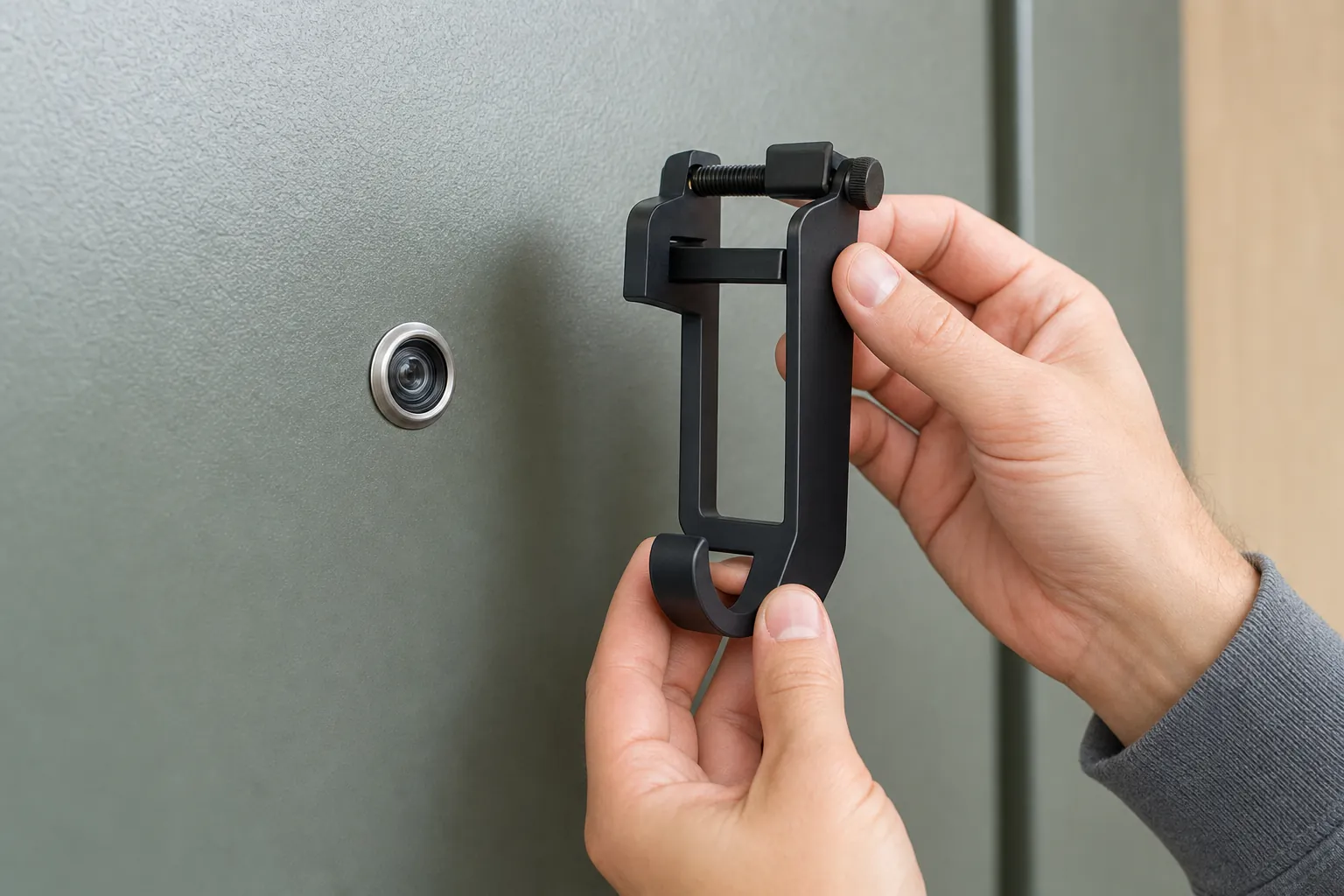 Hands holding a removable clamp-style doorbell mount next to an apartment door peephole