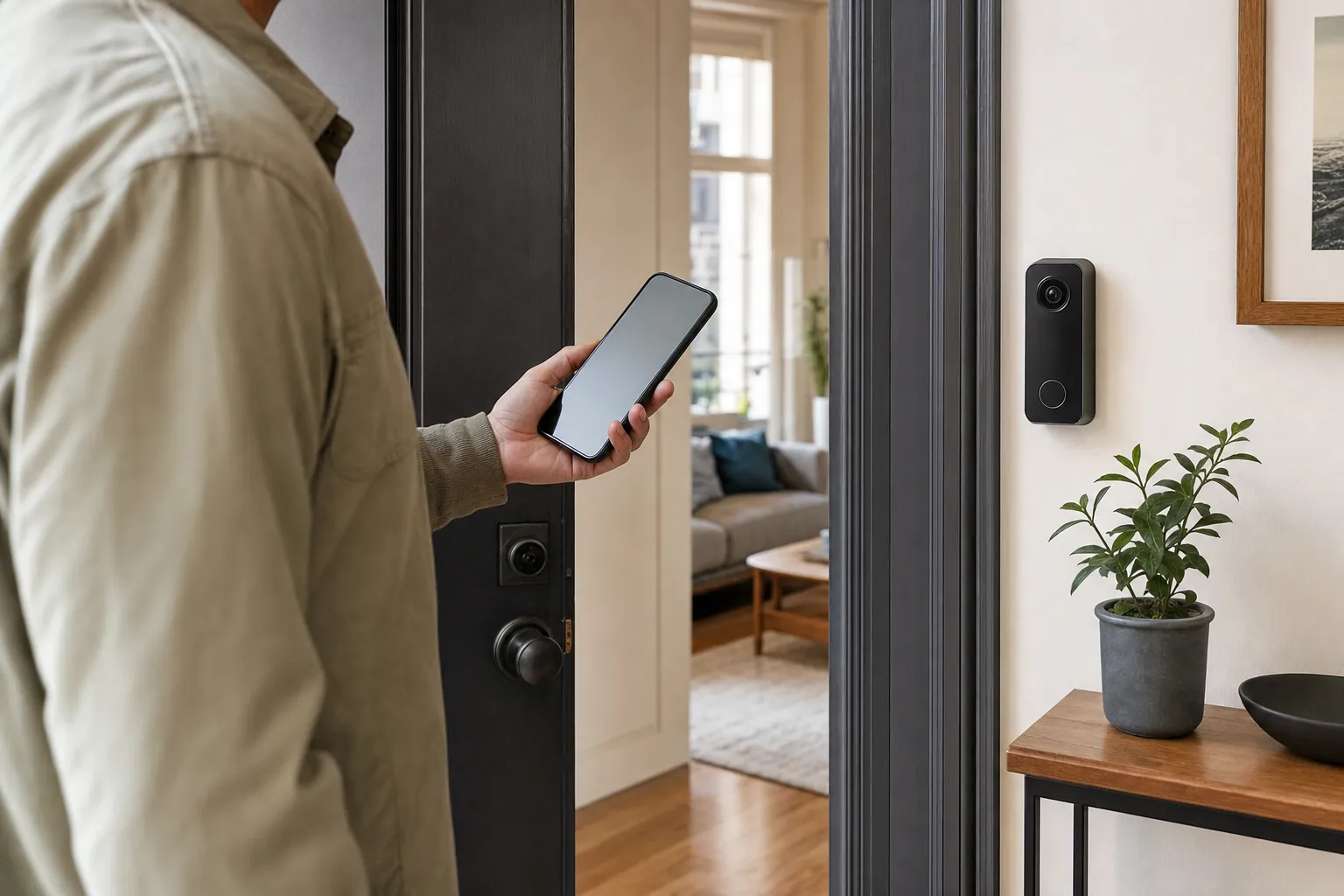 Renter testing a phone connection beside an apartment entry with an unbranded video doorbell