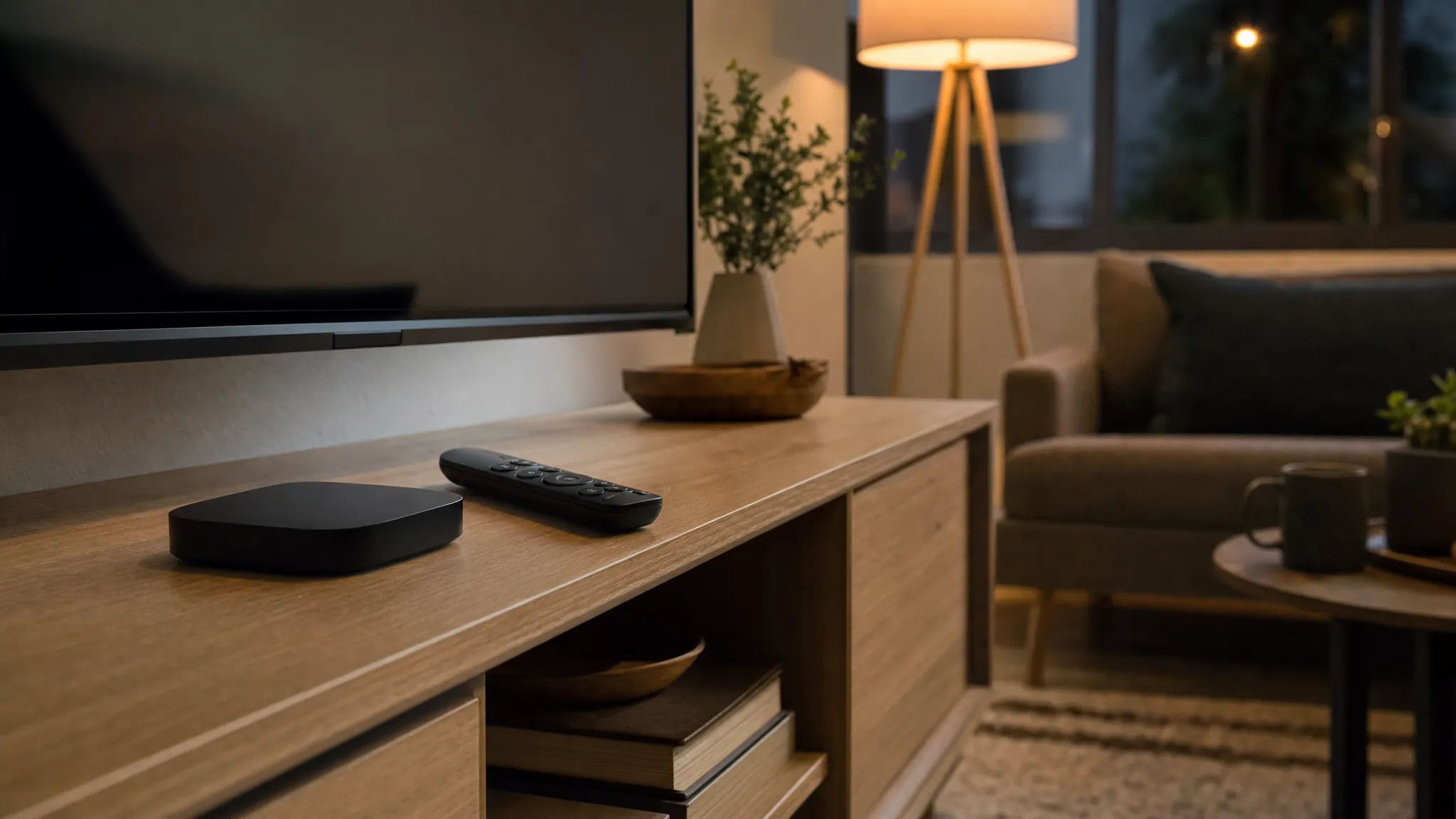 Compact streaming device and remote on a living room media console