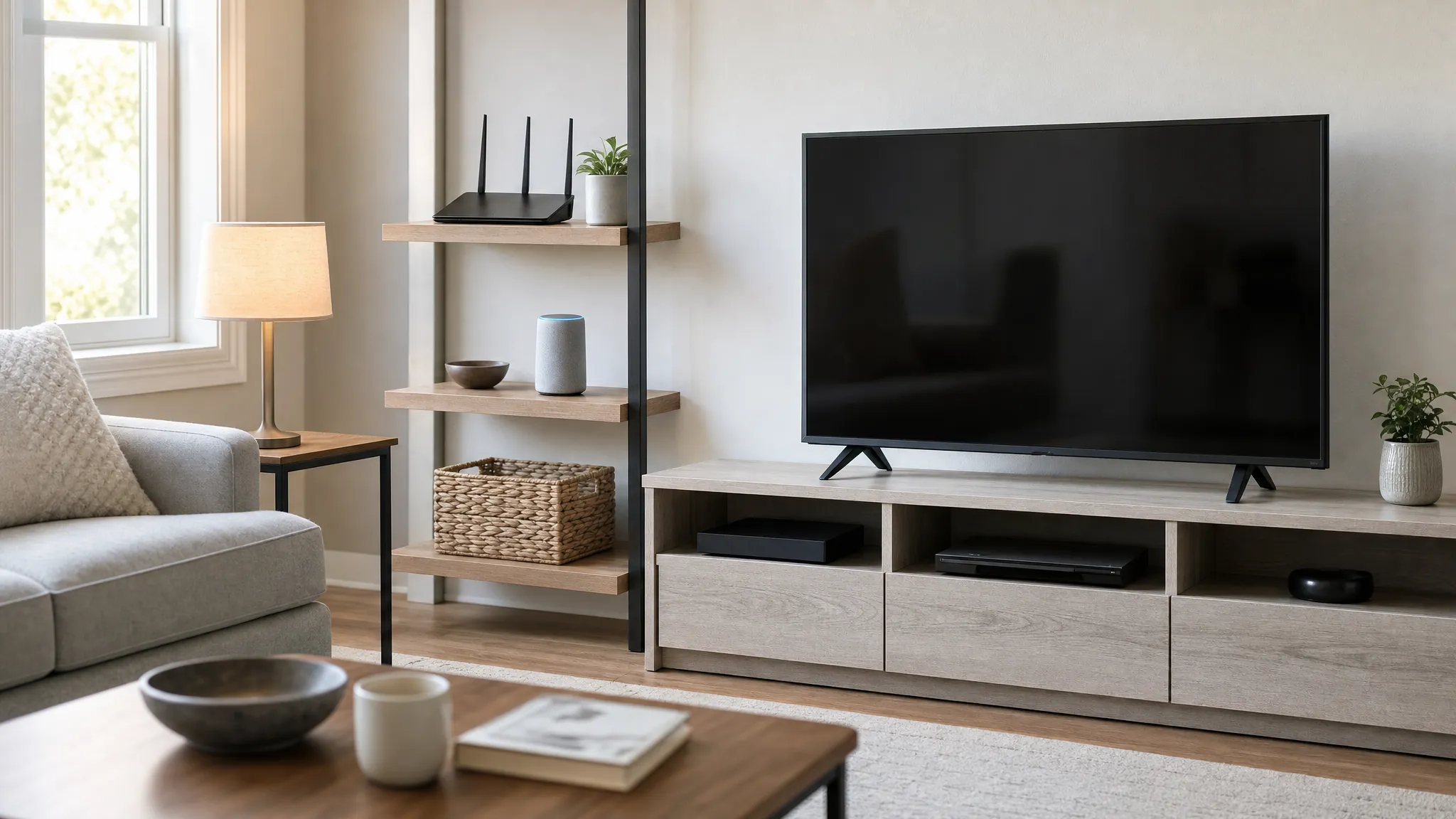 Home Wi-Fi router and connected entertainment devices in a bright living room