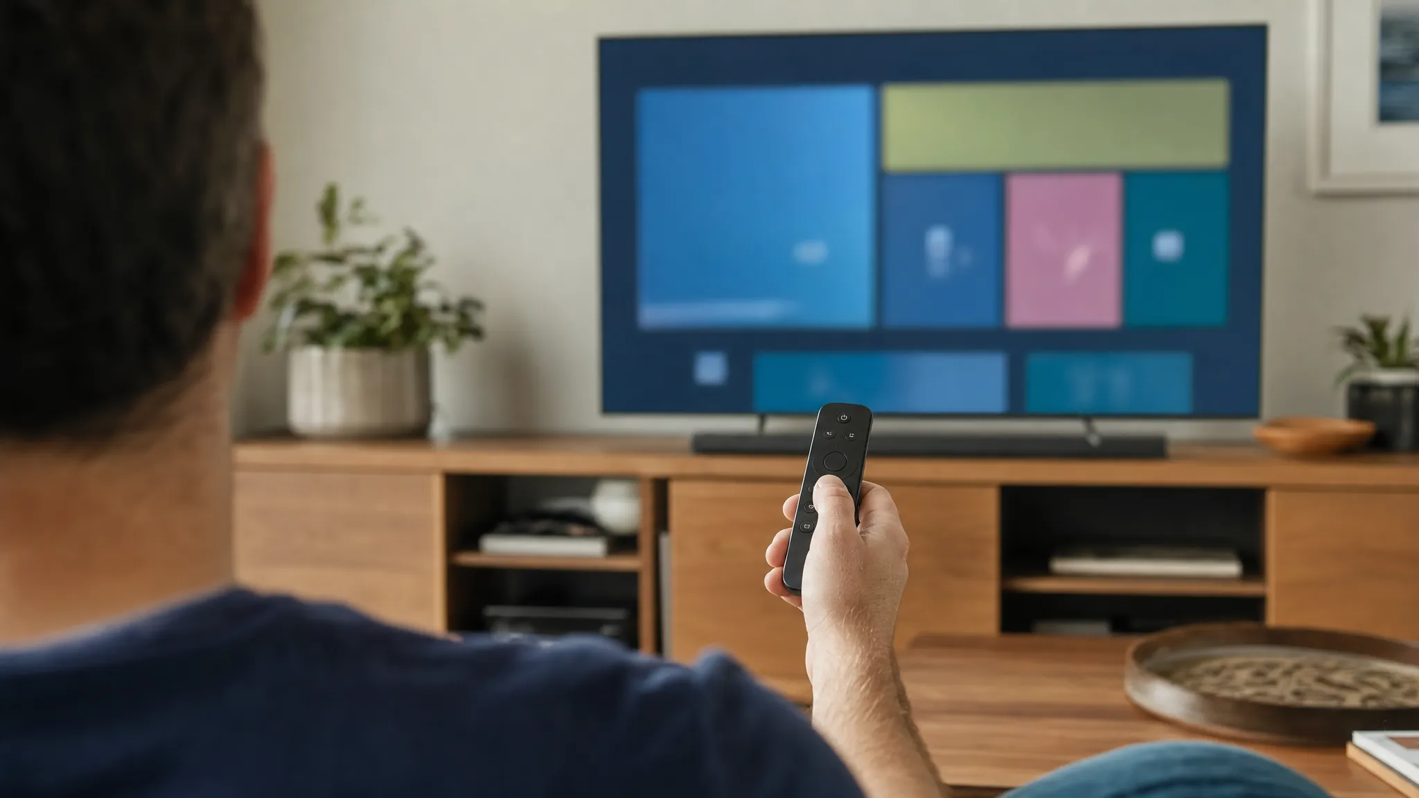 Person using a television remote while a generic home-control screen appears on a TV