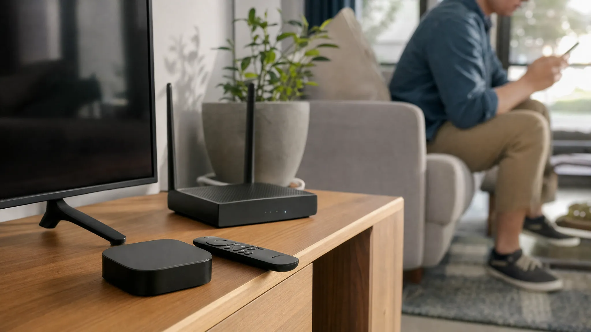 Streaming device, router, and remote during a calm home-technology troubleshooting check