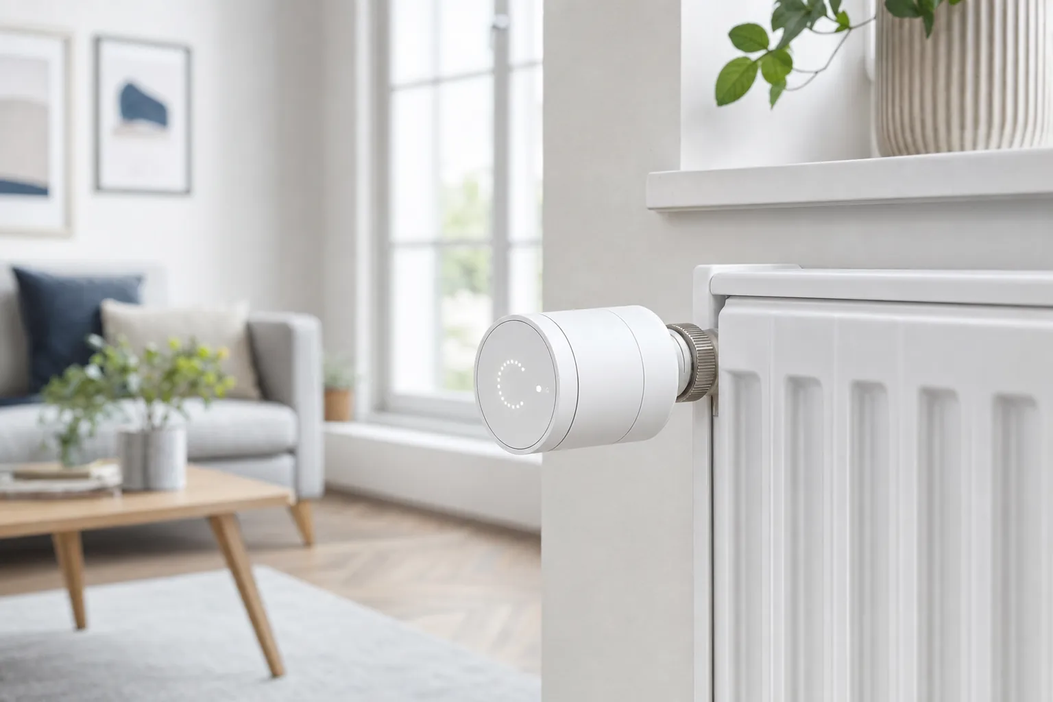Smart radiator thermostat installed on a white water radiator