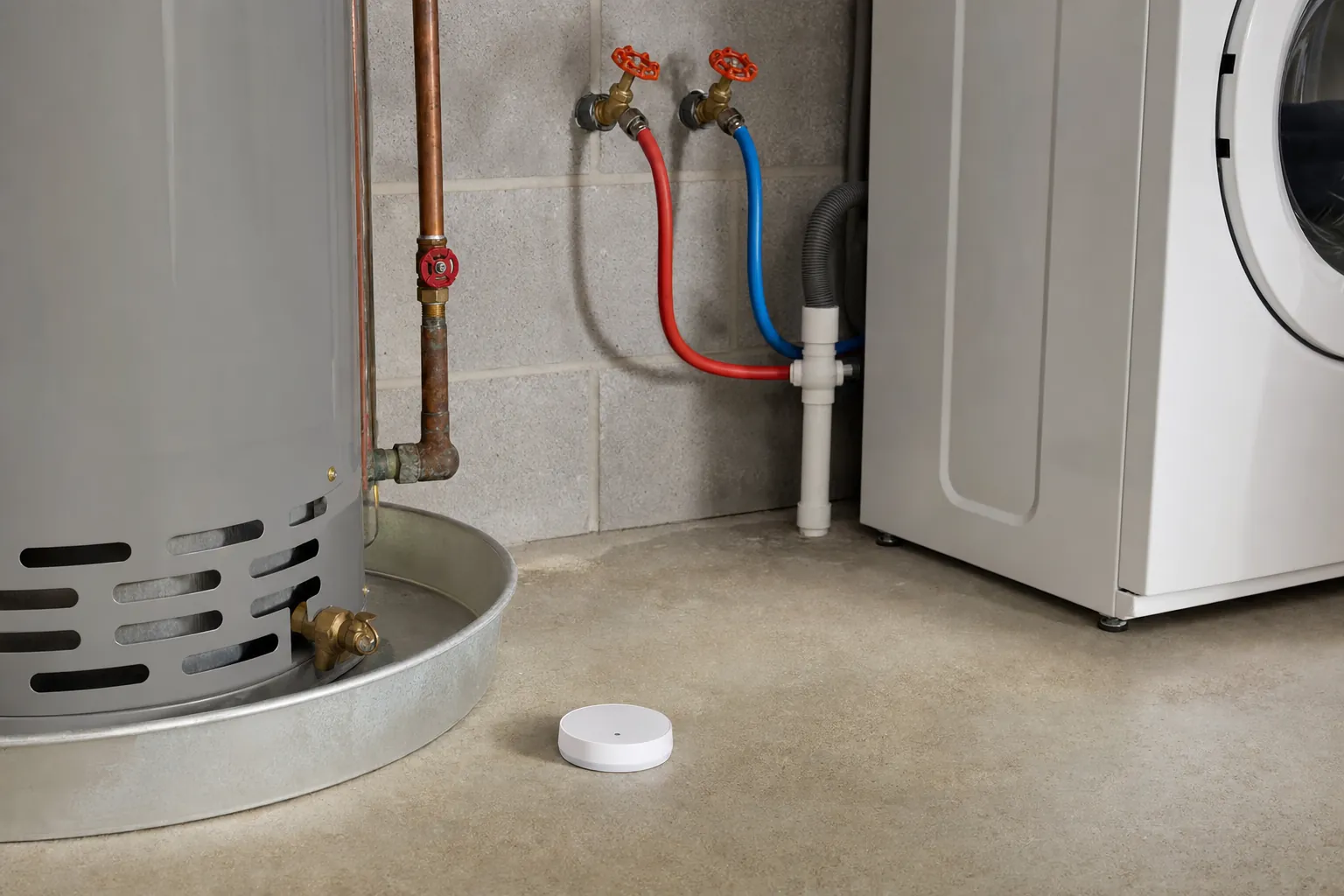 Water leak sensor placed near a water heater drain pan and washing-machine supply hoses