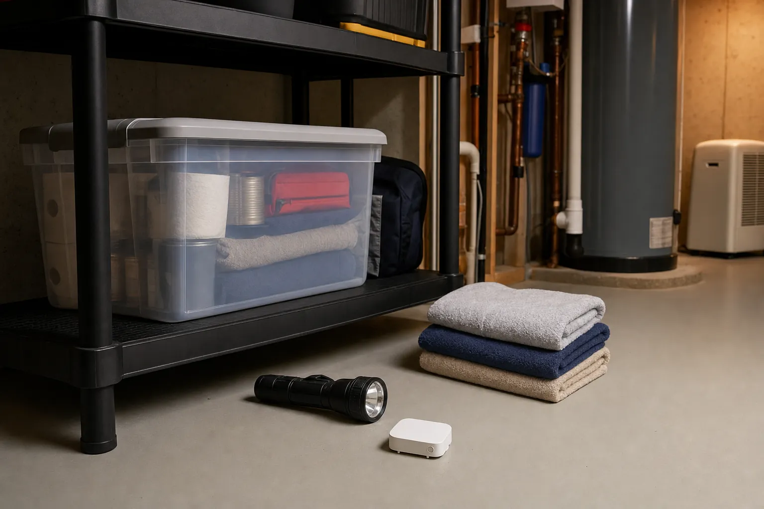 Organized basement preparedness supplies with towels, flashlight, storage bin and water sensor