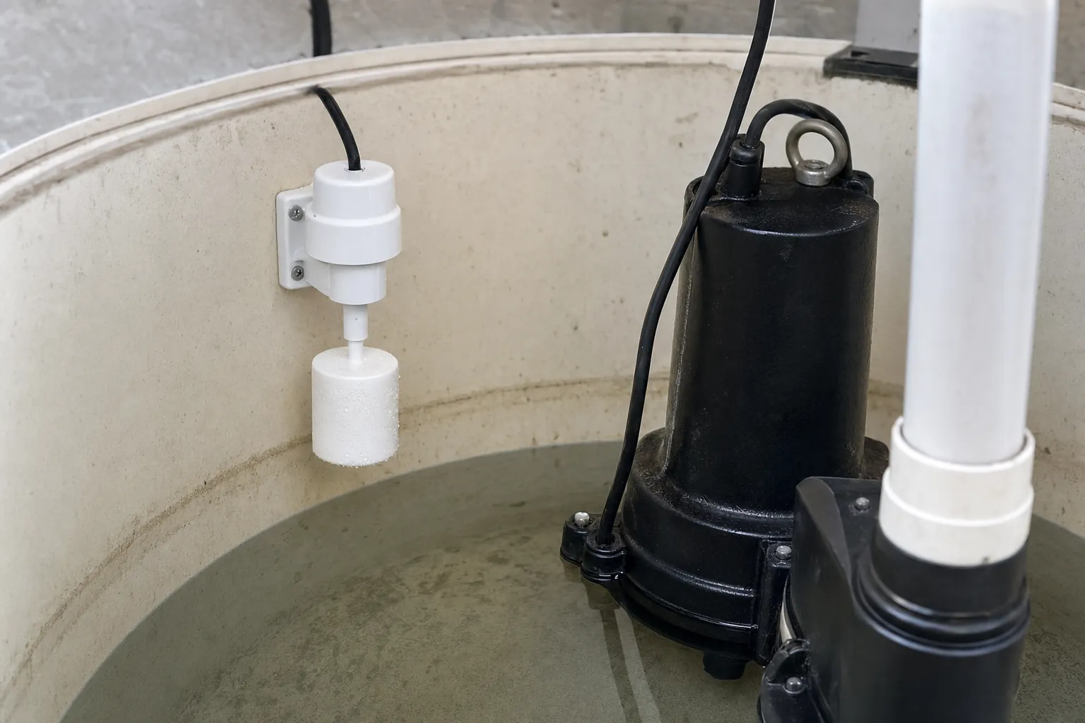 High-water sensor positioned inside a residential sump pit beside a sump pump