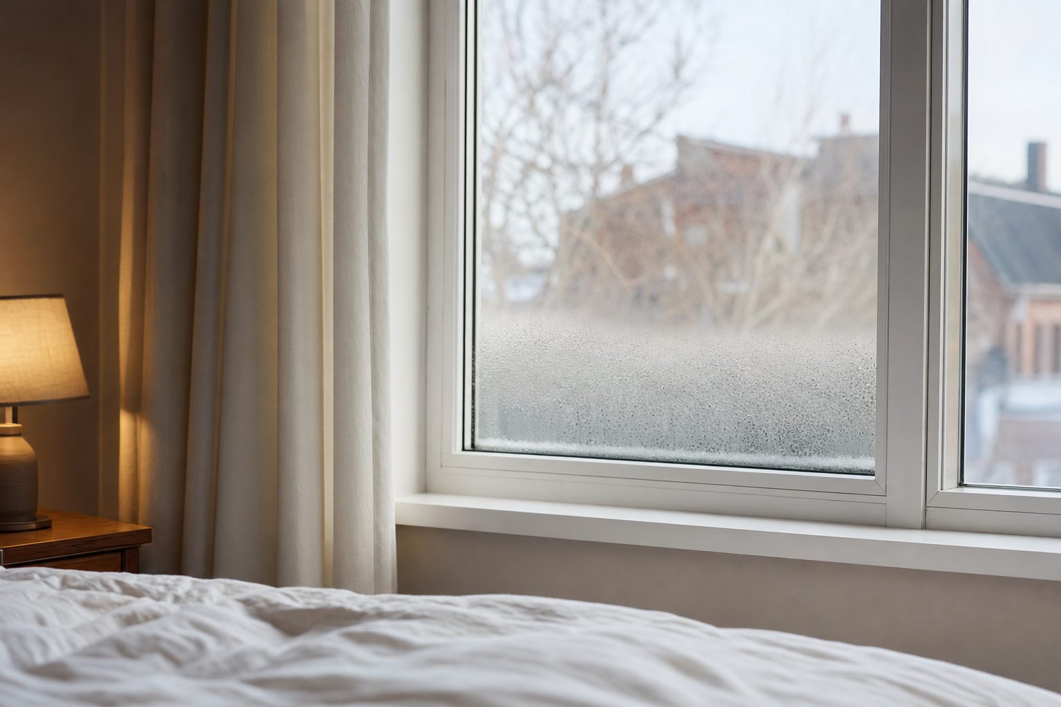 Bedroom window with a small amount of morning condensation along the lower glass
